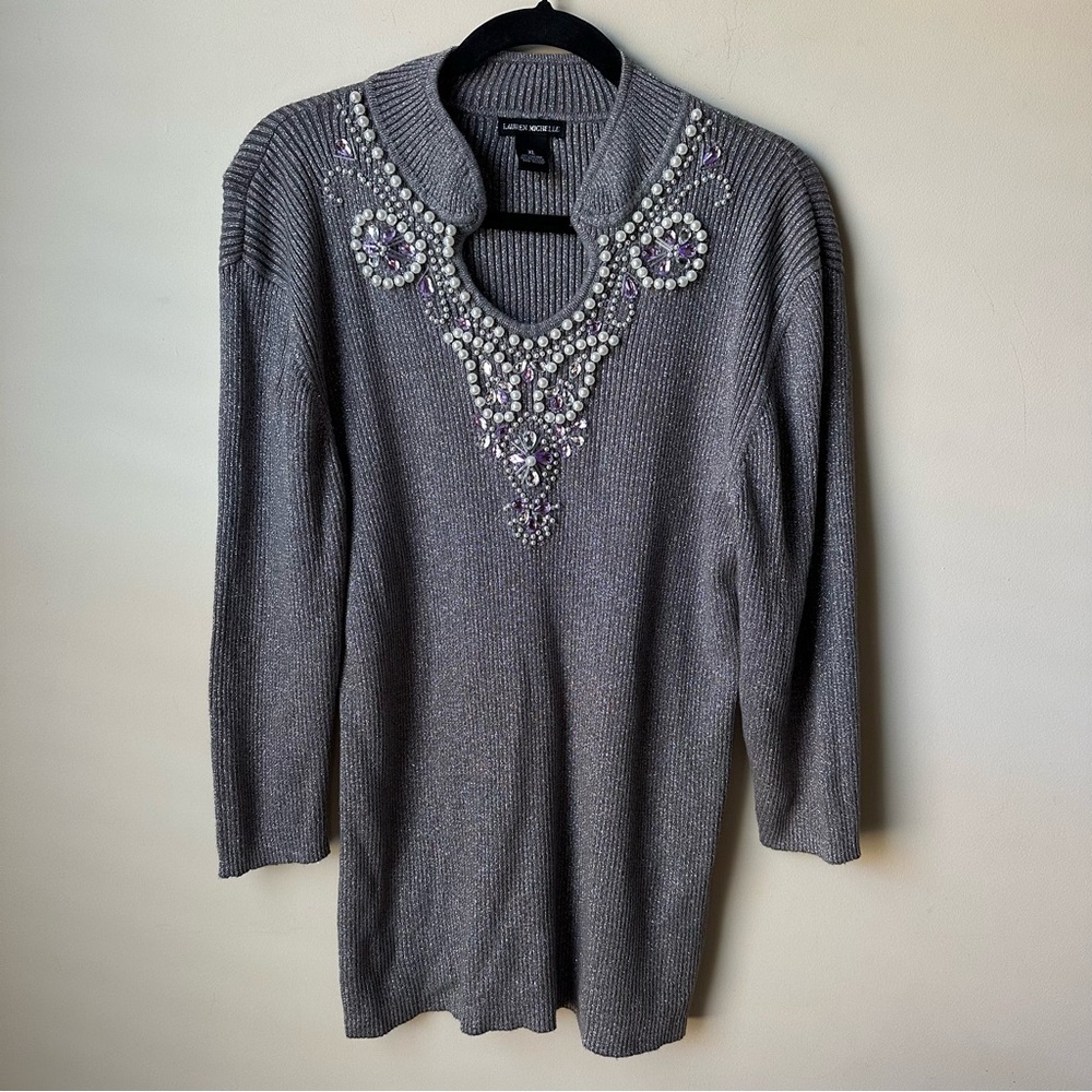 Lauren Michelle Womens XL Sweater Gray Silver Metallic Pearl Purple Bling